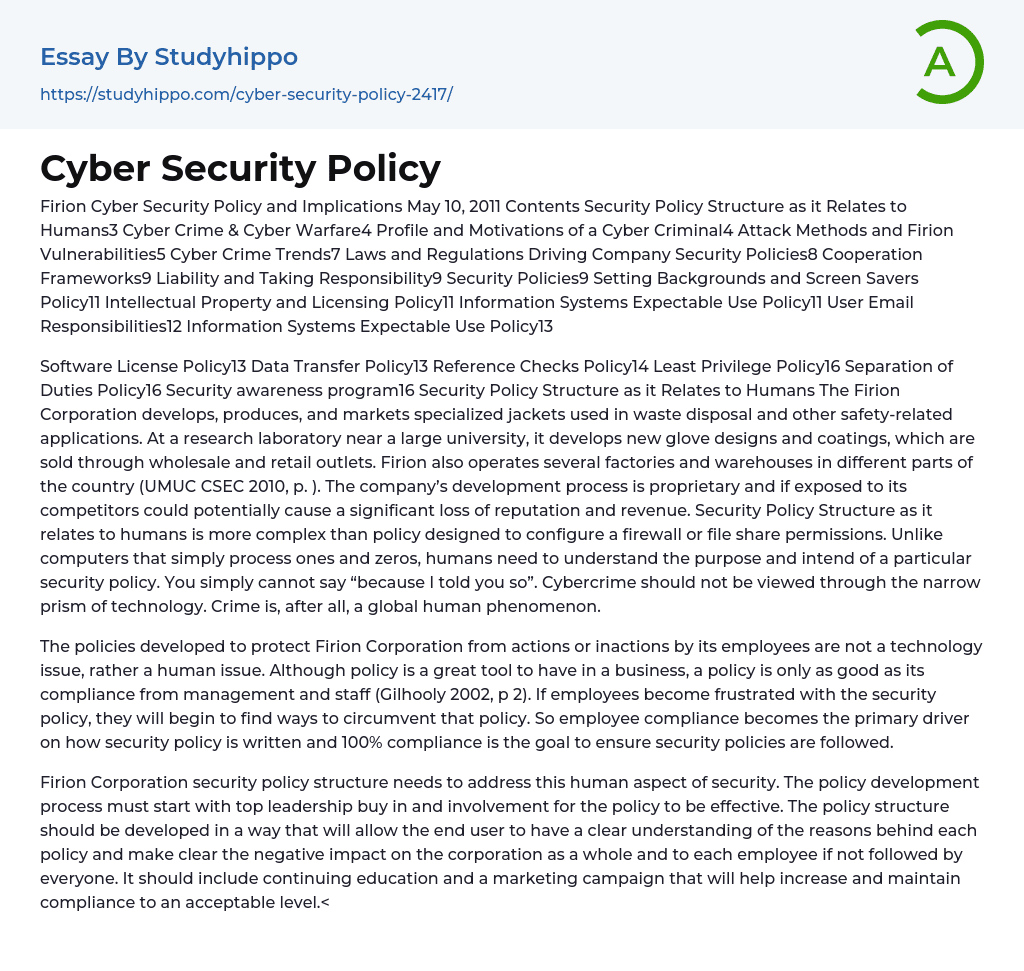 Cyber Security Policy Essay Example