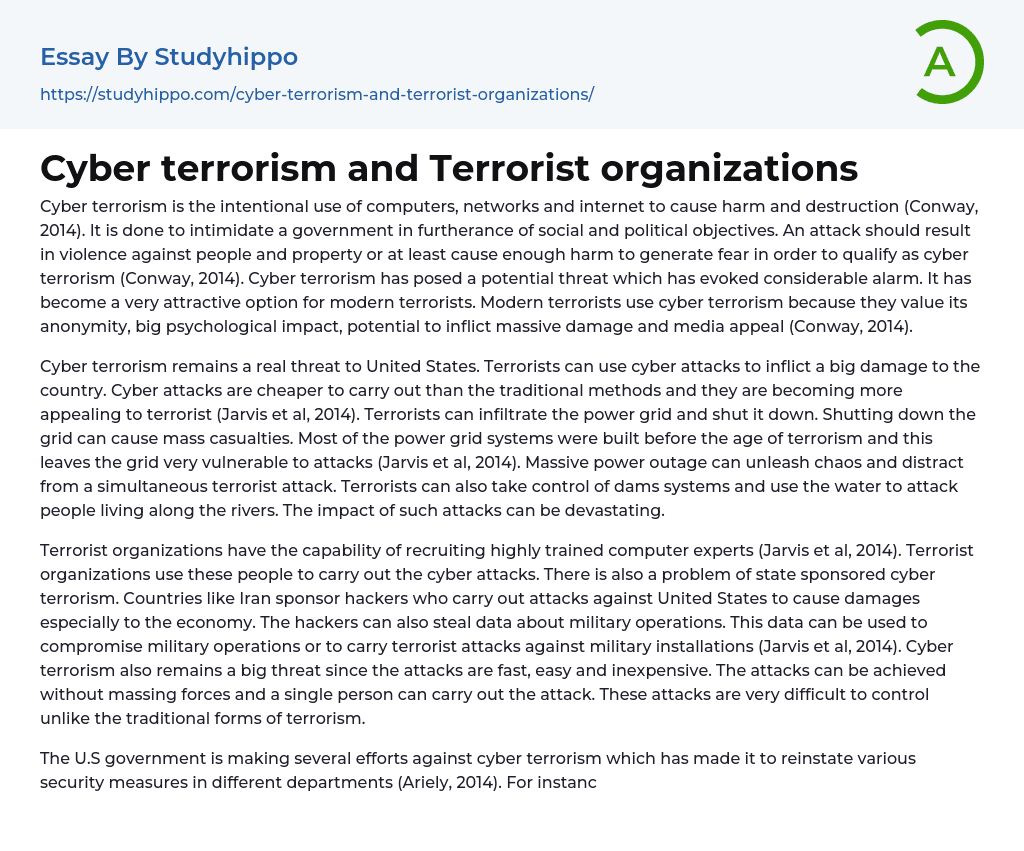 Cyber terrorism and Terrorist organizations Essay Example