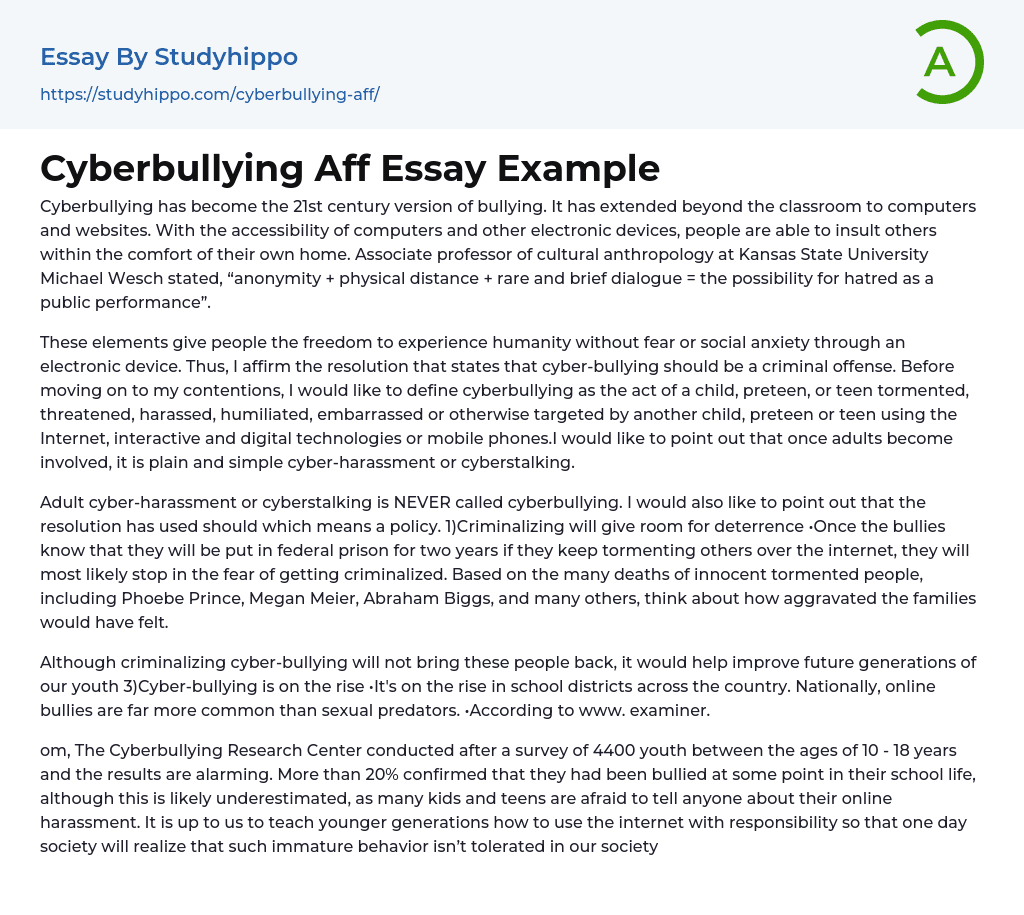Cyberbullying Aff Essay Example