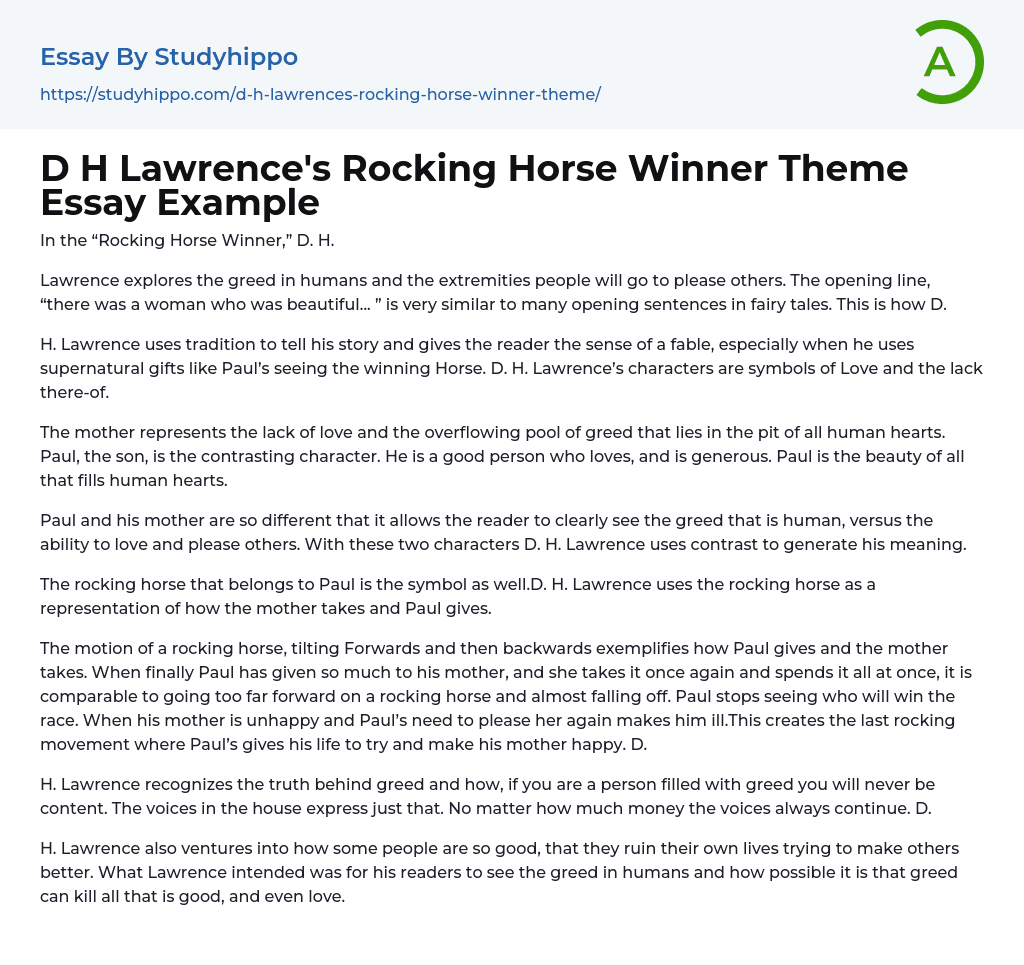 D H Lawrence’s Rocking Horse Winner Theme Essay Example