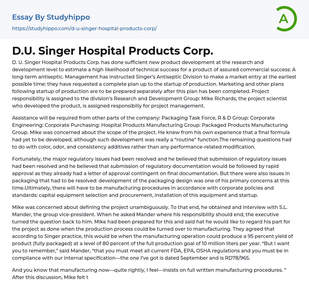 D.U. Singer Hospital Products Corp. Essay Example