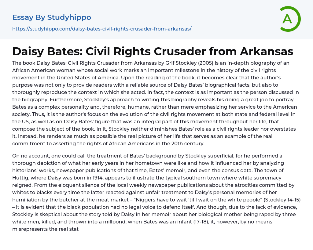 Daisy Bates: Civil Rights Crusader from Arkansas Essay Example