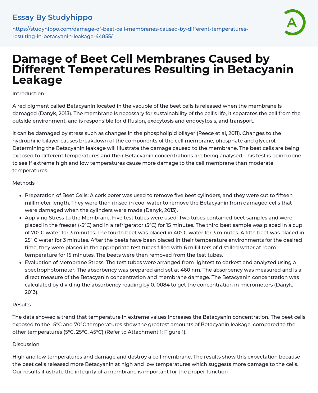 Betacyanin Release from Damaged Beet Cell Membranes