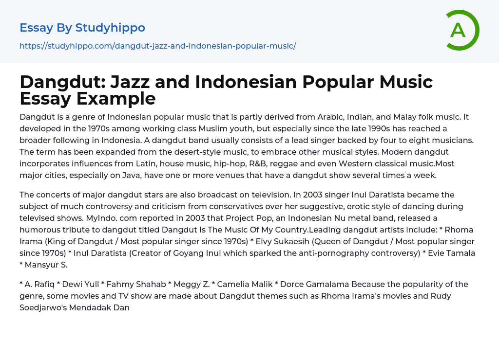 Dangdut: Jazz and Indonesian Popular Music Essay Example