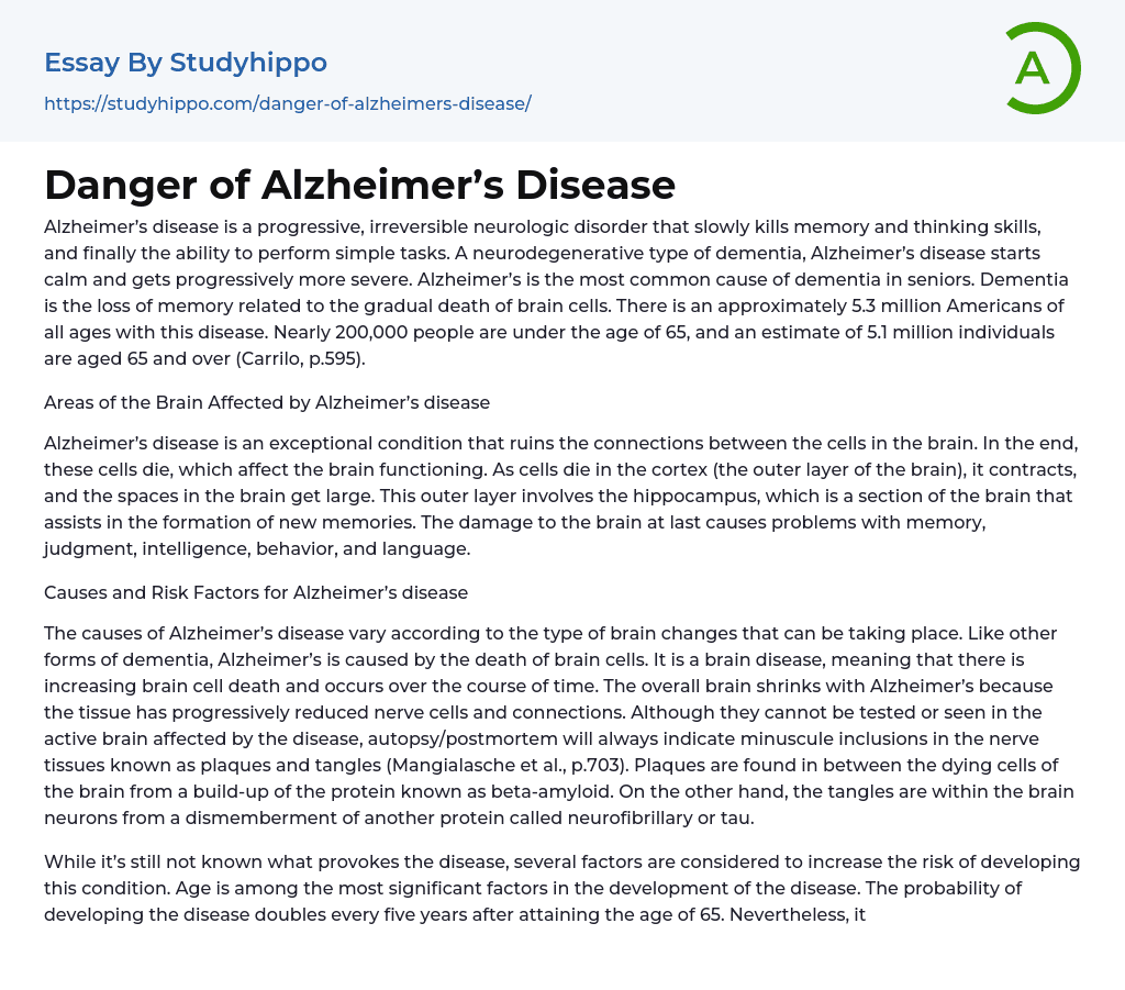 Danger of Alzheimer’s Disease Essay Example