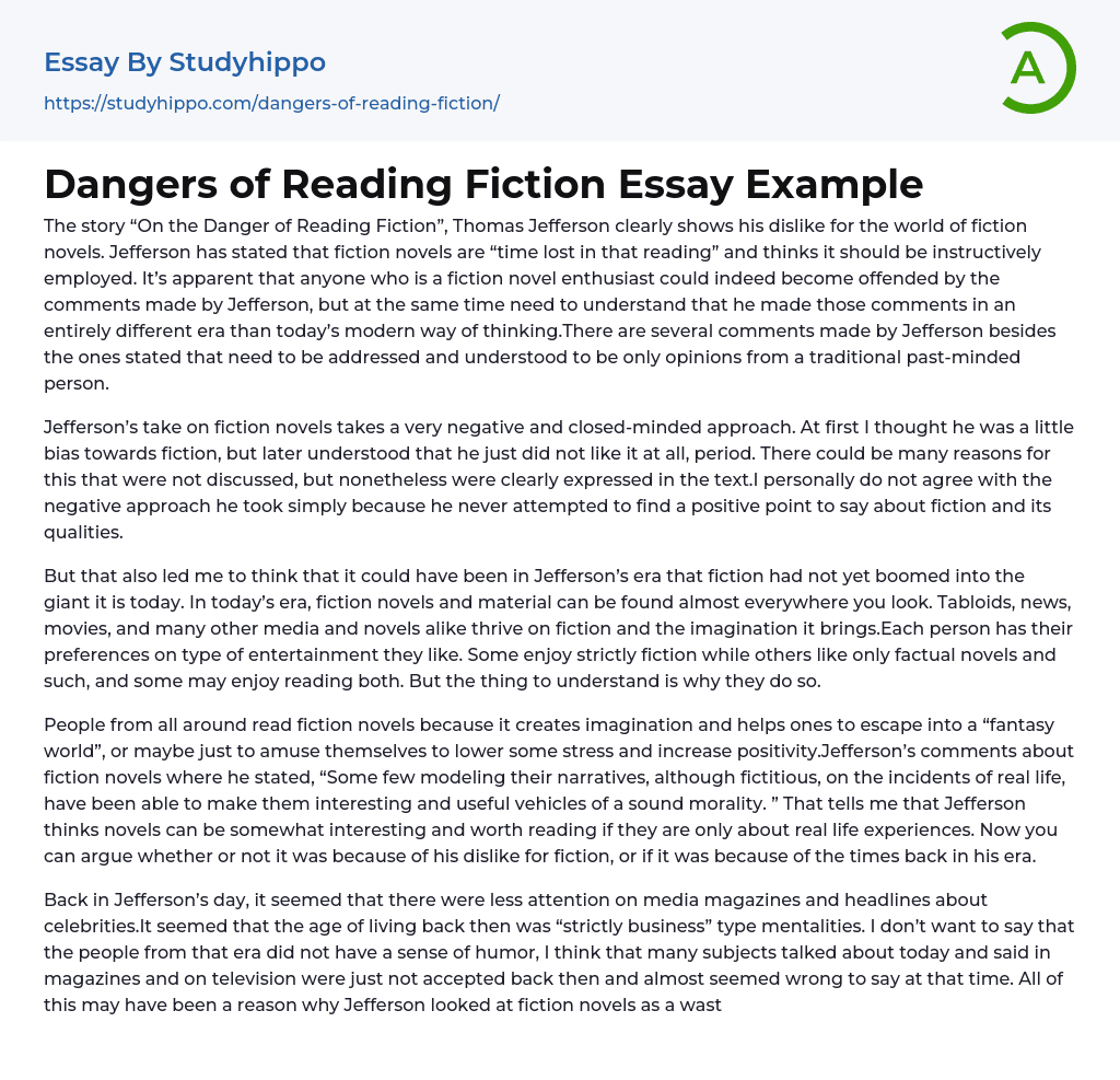Dangers of Reading Fiction Essay Example