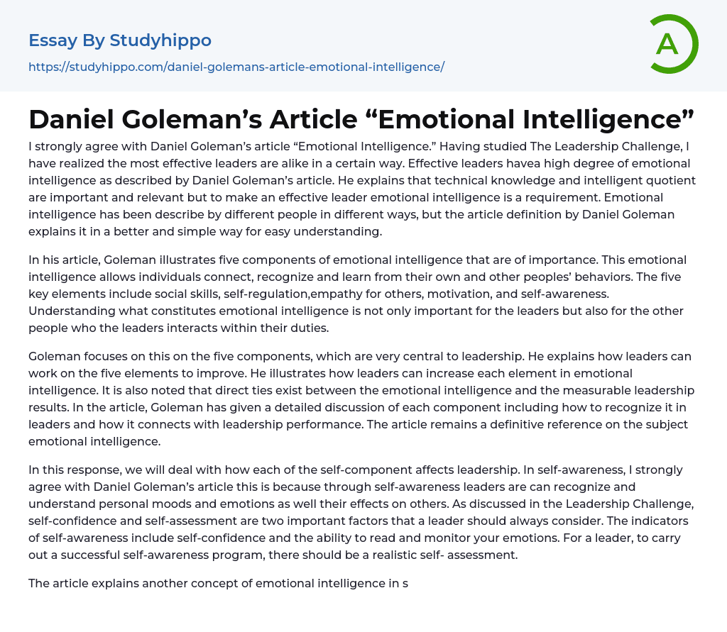 Daniel Goleman’s Article “Emotional Intelligence” Essay Example