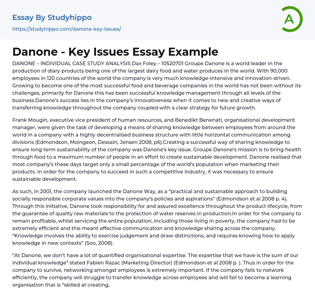 Danone – Individual Case Study Analysis Essay Example