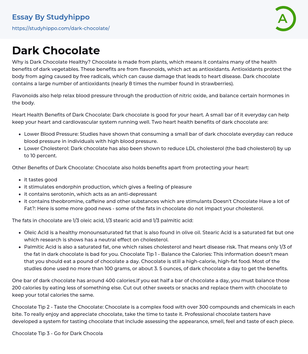 Dark Chocolate Essay Example