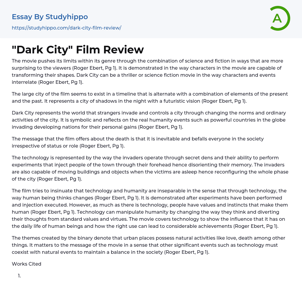 “Dark City” Film Review Essay Example