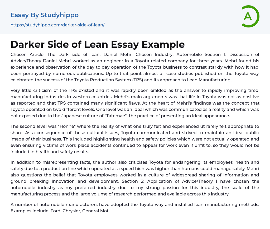Darker Side of Lean Essay Example