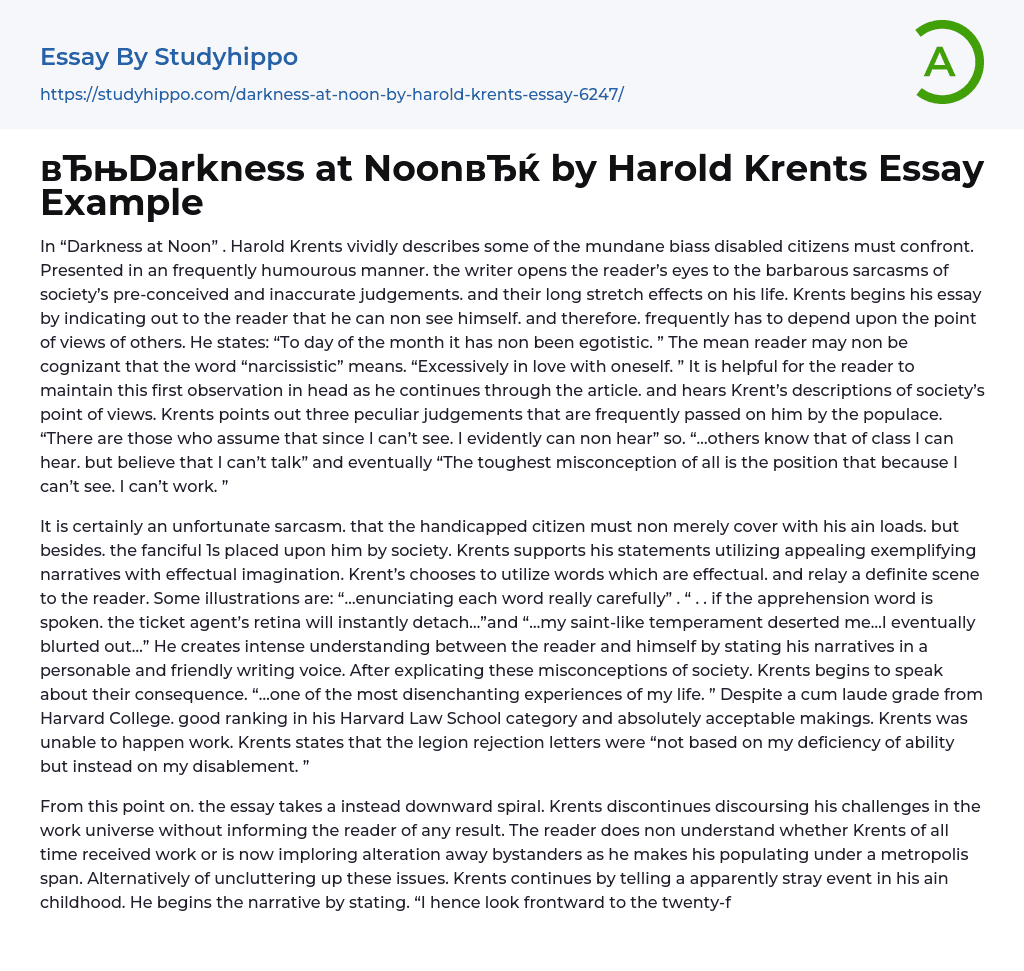 “Darkness at Noon” by Harold Krents Essay Example