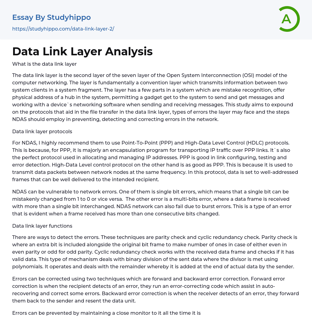 Data Link Layer Analysis Essay Example