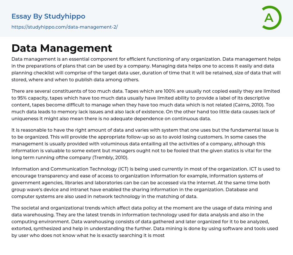 Data Management Essay Example