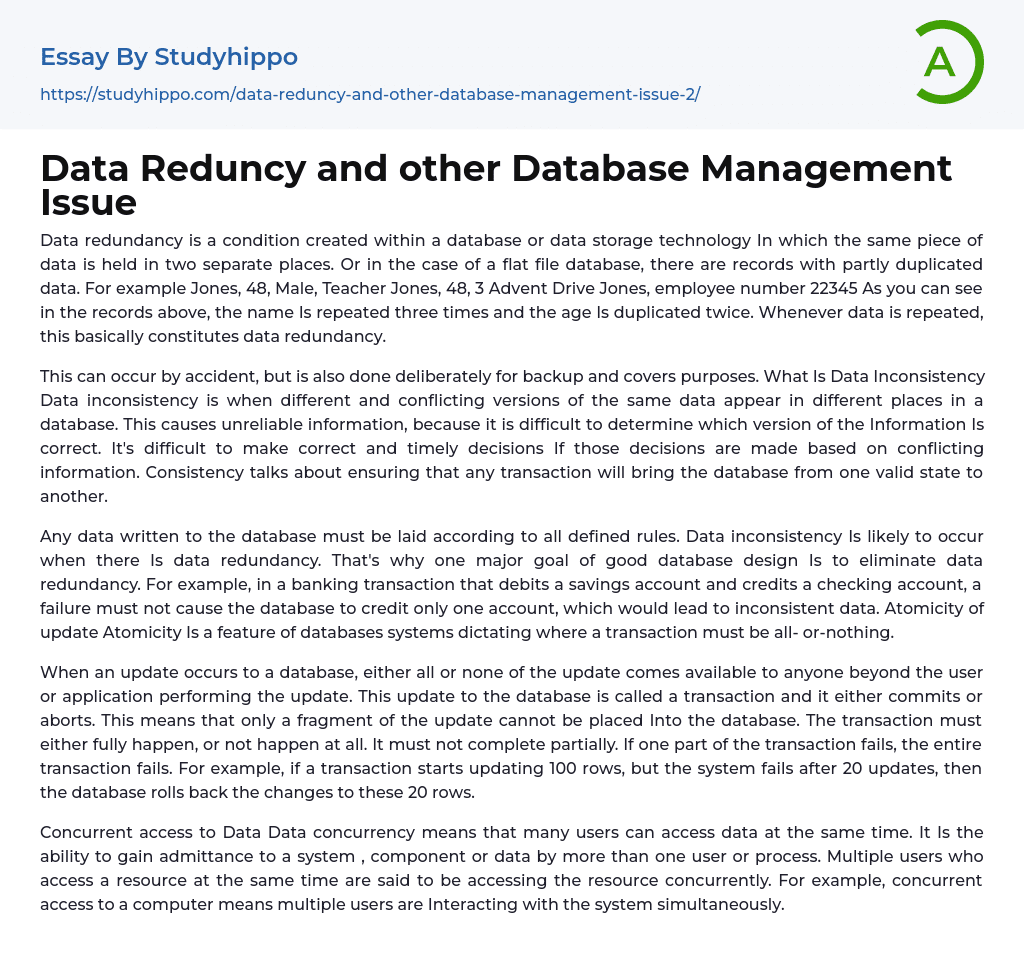 Data Reduncy and other Database Management Issue Essay Example