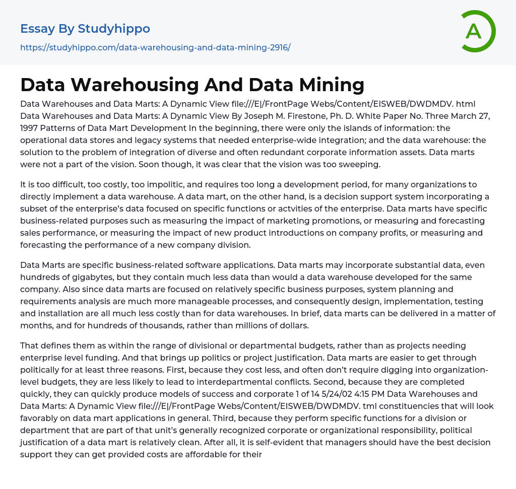 Data Warehousing And Data Mining Essay Example