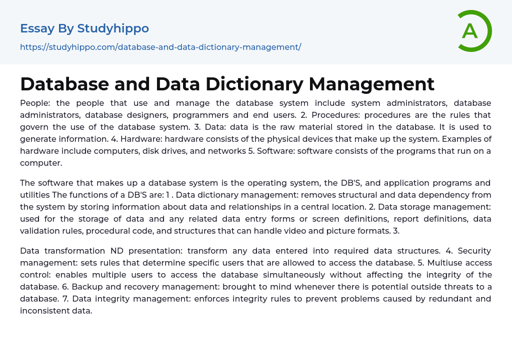 Database and Data Dictionary Management Essay Example