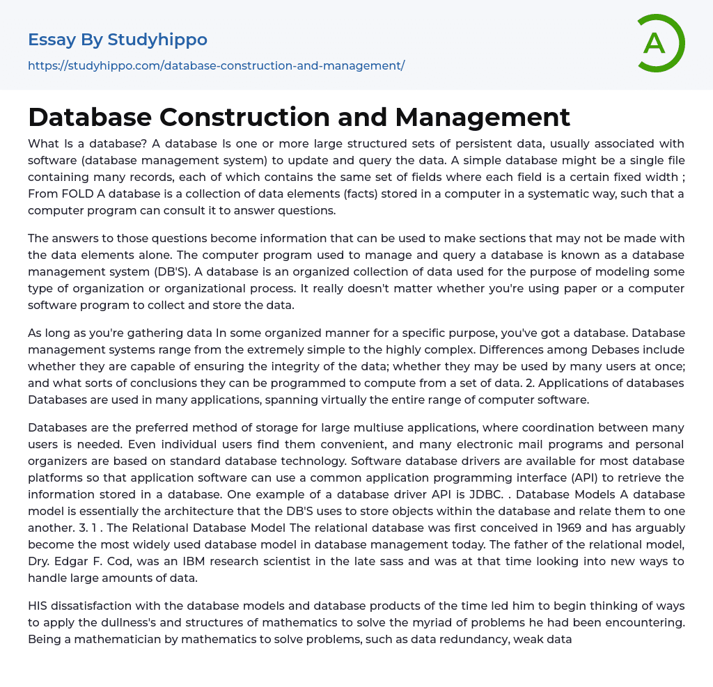 Database Construction and Management Essay Example