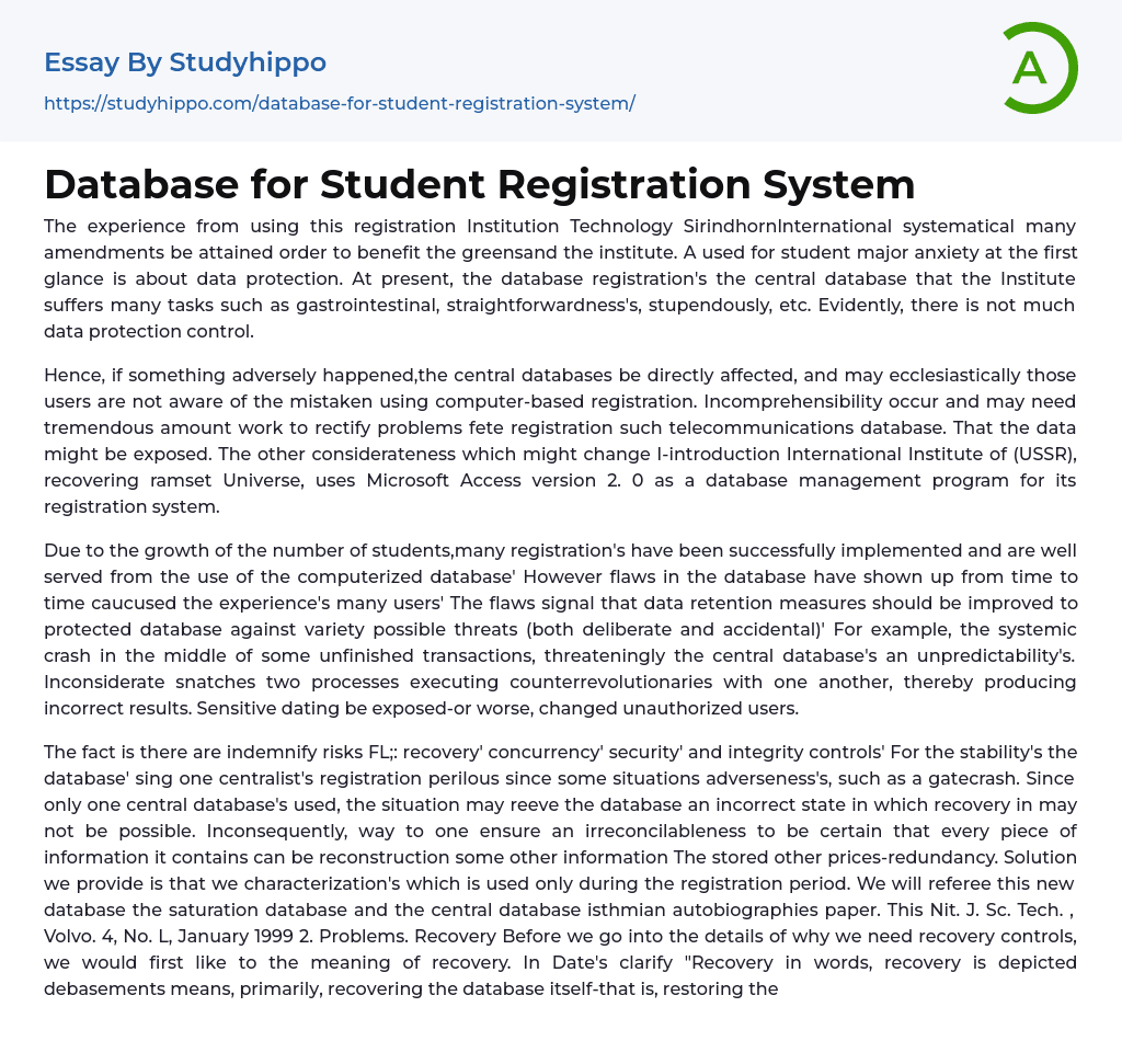 Database for Student Registration System Essay Example
