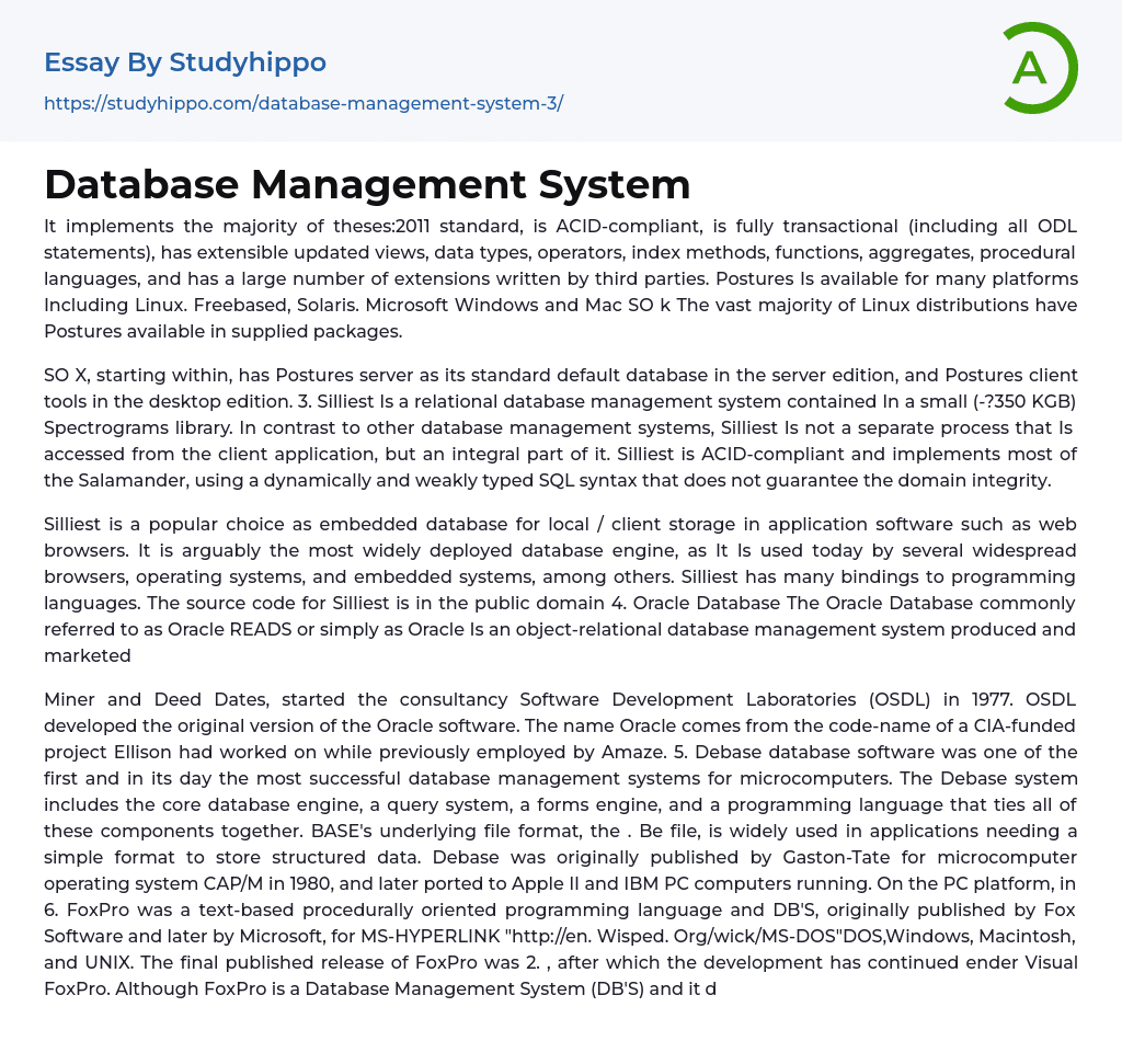 Database Management System Essay Example