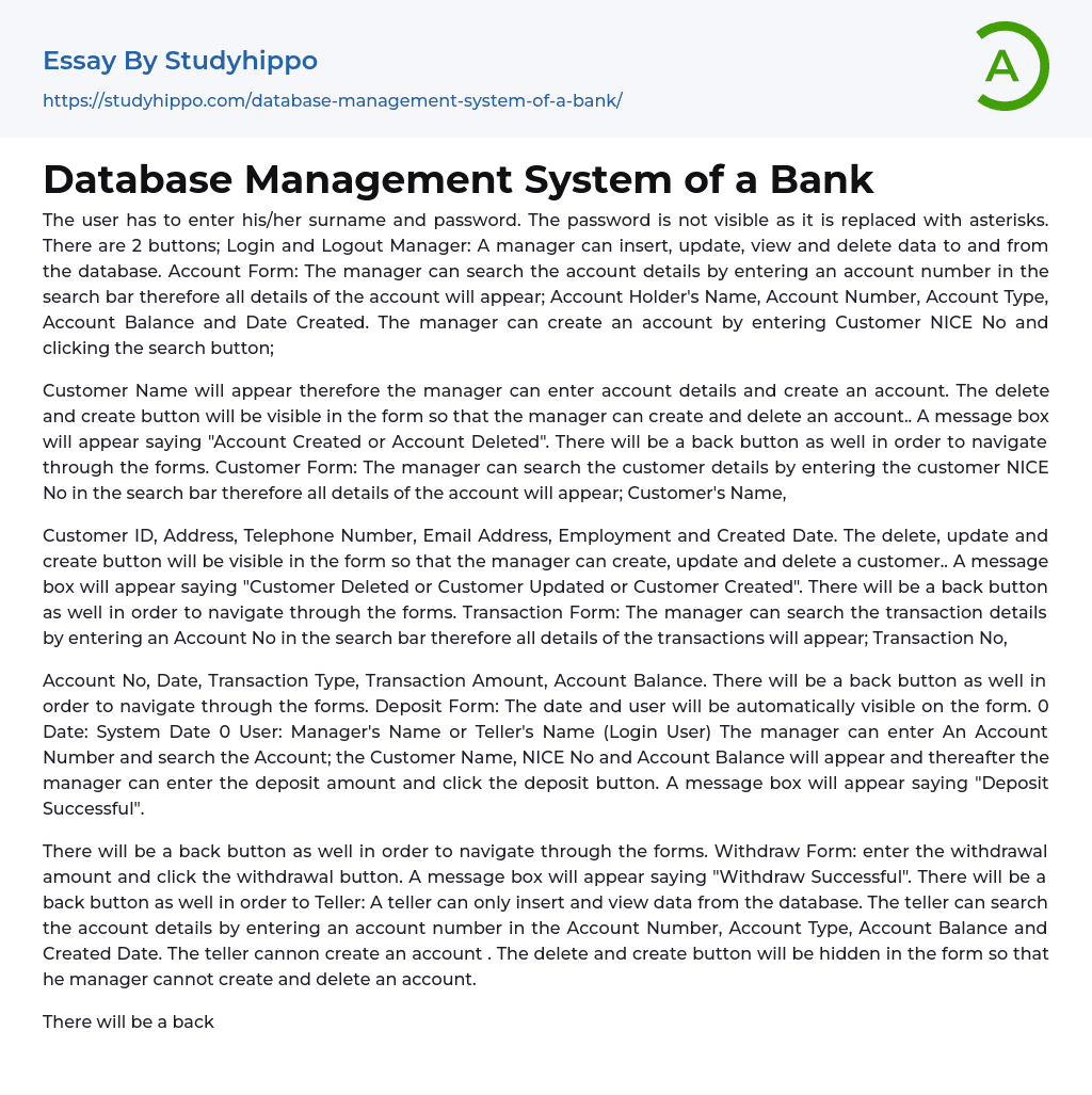Database Management System of a Bank Essay Example