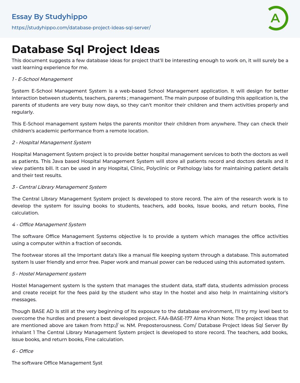 Database Sql Project Ideas Essay Example