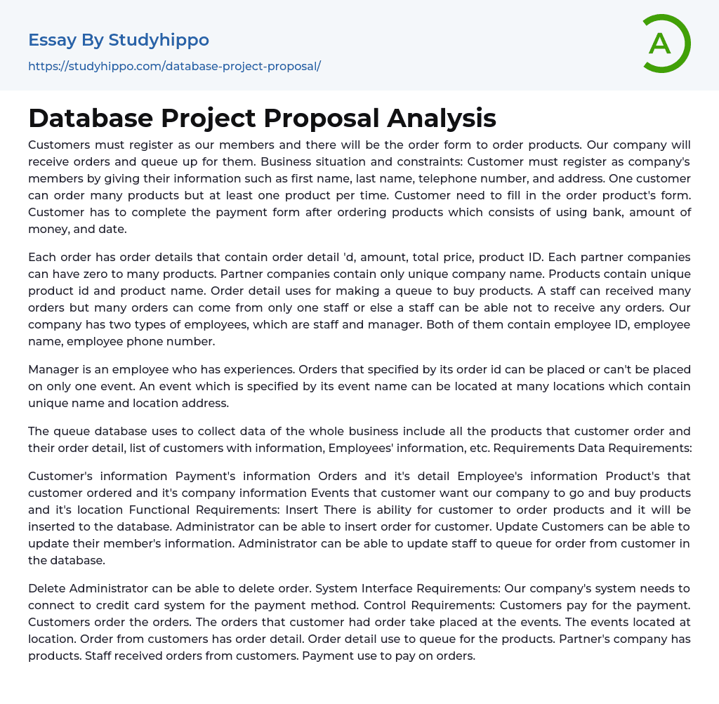 Database Project Proposal Analysis Essay Example