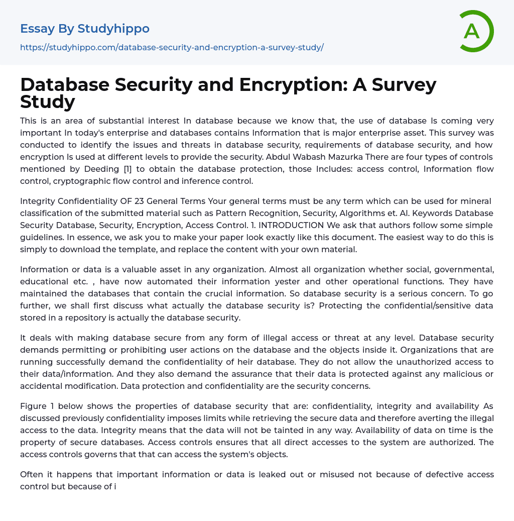 Database Security and Encryption: A Survey Study Essay Example