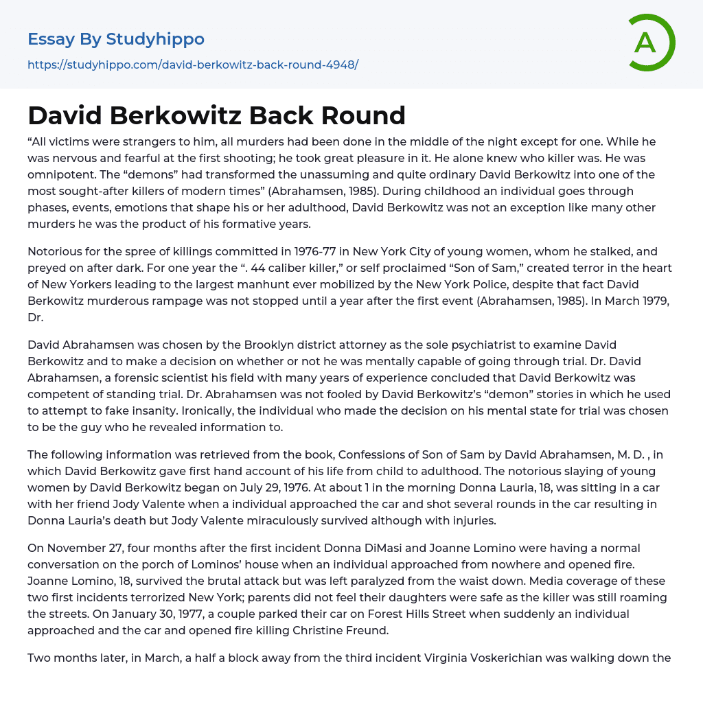 David Berkowitz Back Round Essay Example