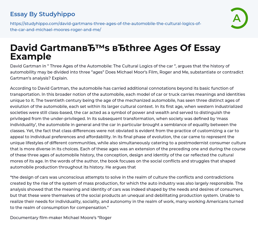 David Gartman’s “three Ages Of Essay Example