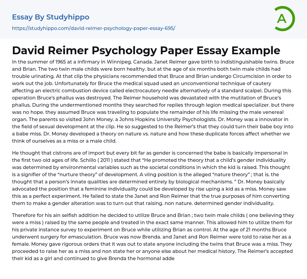 David Reimer Psychology Paper Essay Example