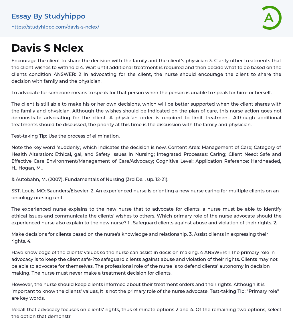 Davis S Nclex Essay Example