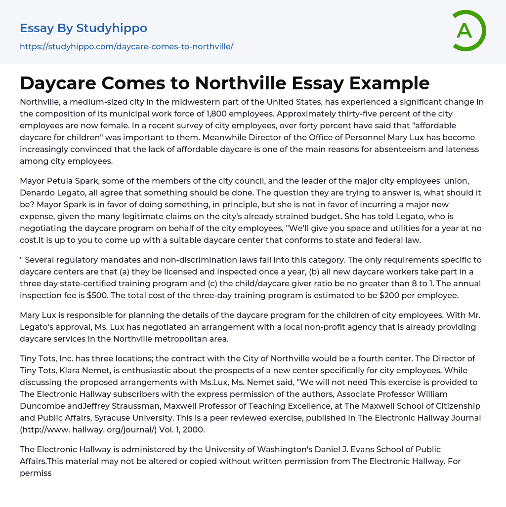 Daycare Comes to Northville Essay Example
