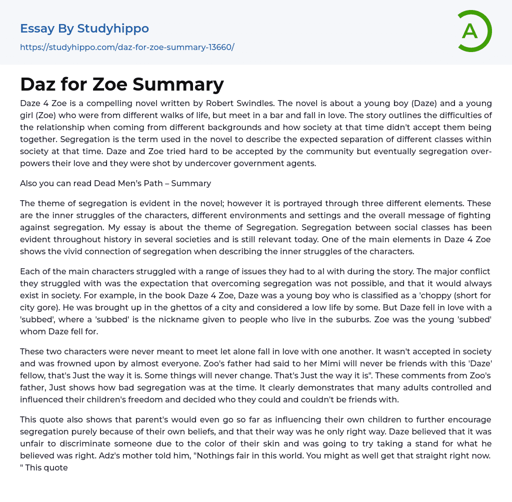 Daz for Zoe Summary Essay Example