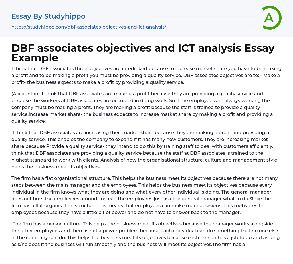 DBF associates objectives and ICT analysis Essay Example