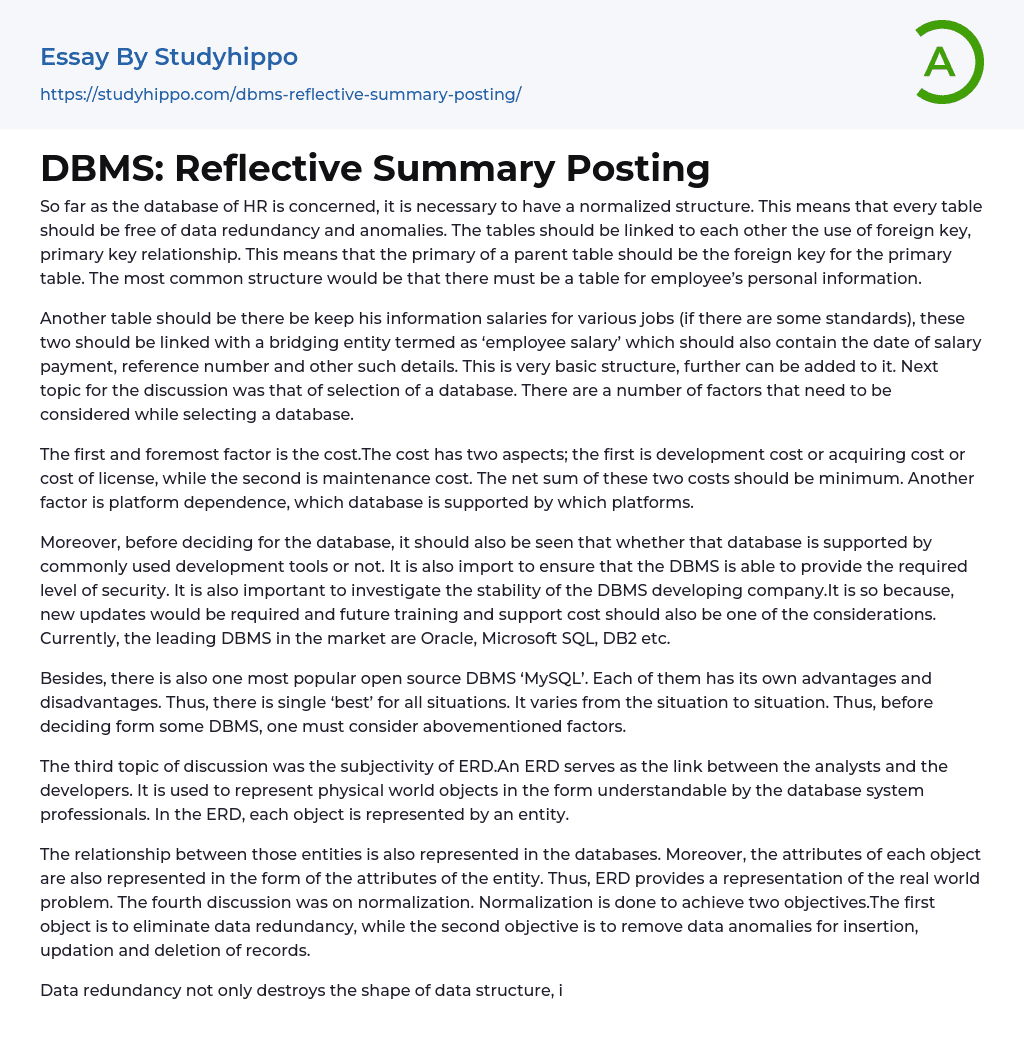 DBMS: Reflective Summary Posting Essay Example