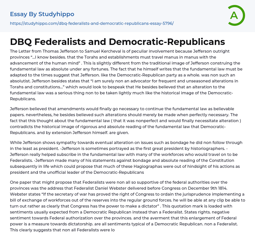 DBQ Federalists and Democratic-Republicans Essay Example