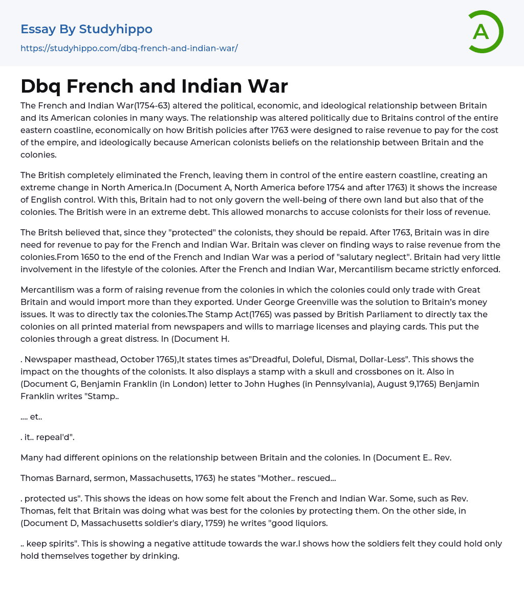 Dbq French and Indian War Essay Example