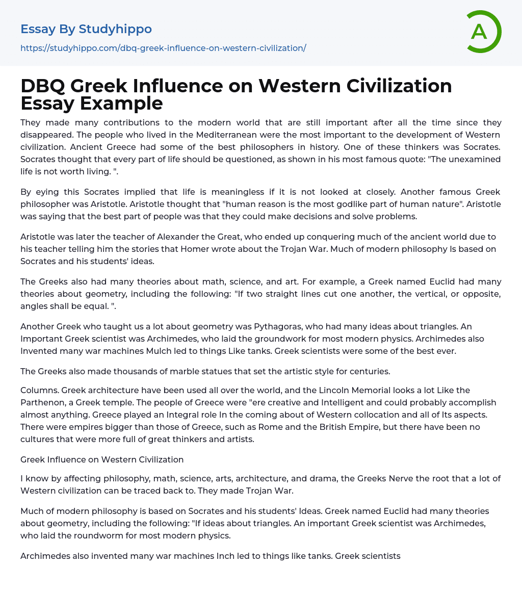 DBQ Greek Influence on Western Civilization Essay Example