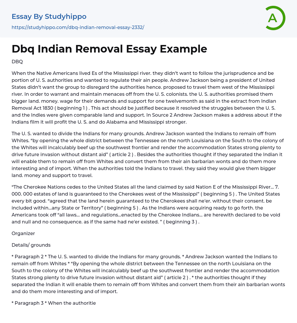 Dbq Indian Removal Essay Example