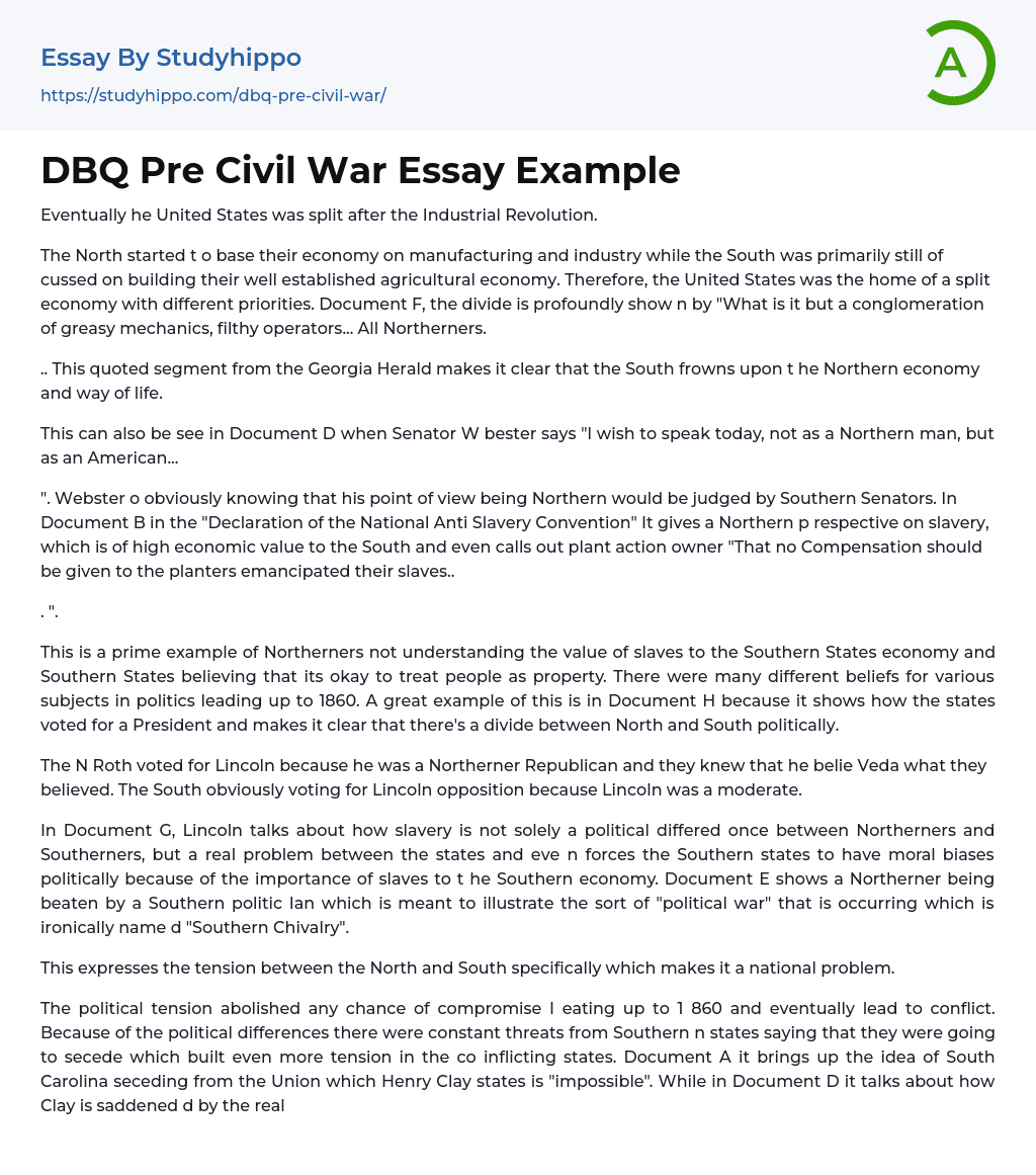DBQ Pre Civil War Essay Example
