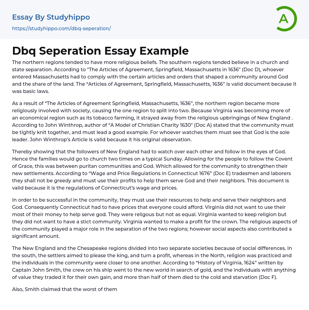 Dbq Seperation Essay Example