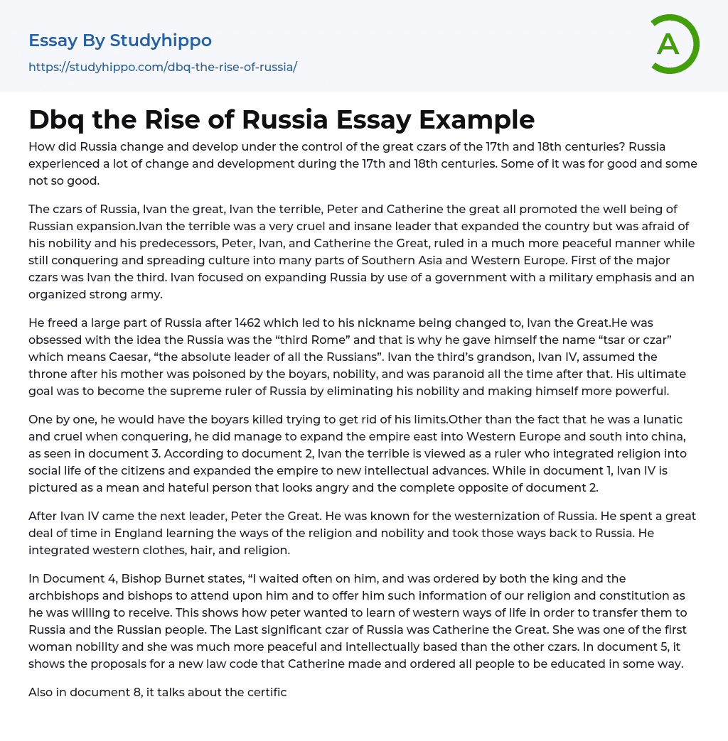 Dbq the Rise of Russia Essay Example