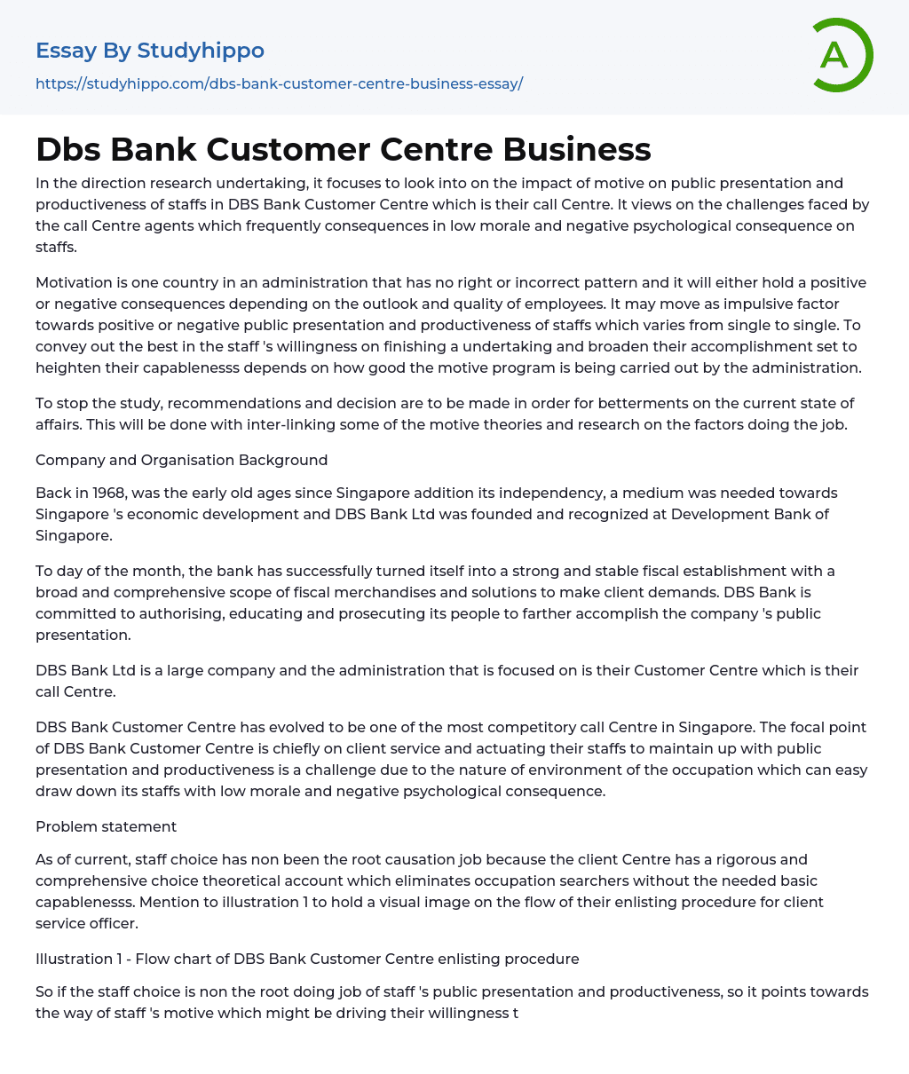 Dbs Bank Customer Centre Business Essay Example