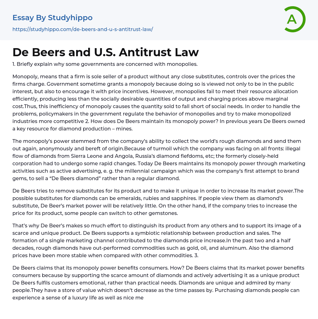 De Beers and U.S. Antitrust Law Essay Example
