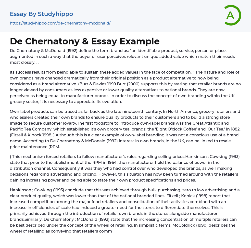 De Chernatony &amp Essay Example