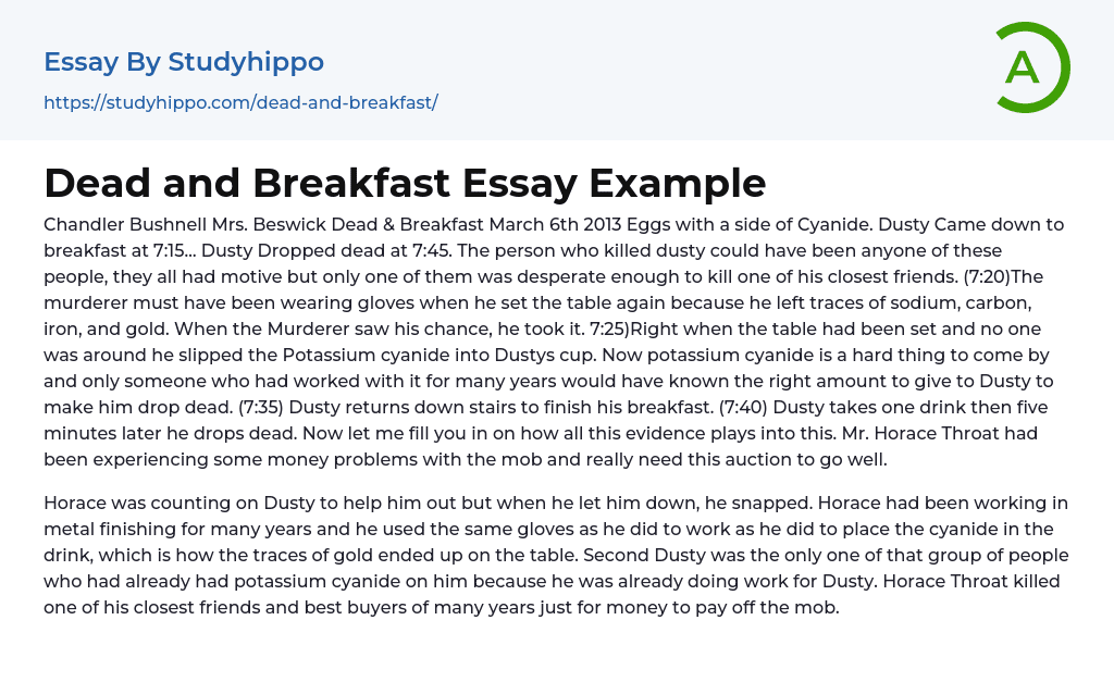 Dead and Breakfast Essay Example