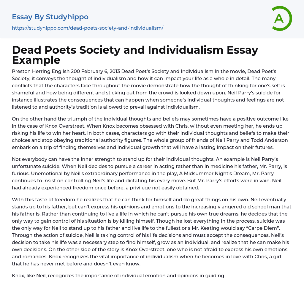 “Dead Poets Society” and Individualism Essay Example
