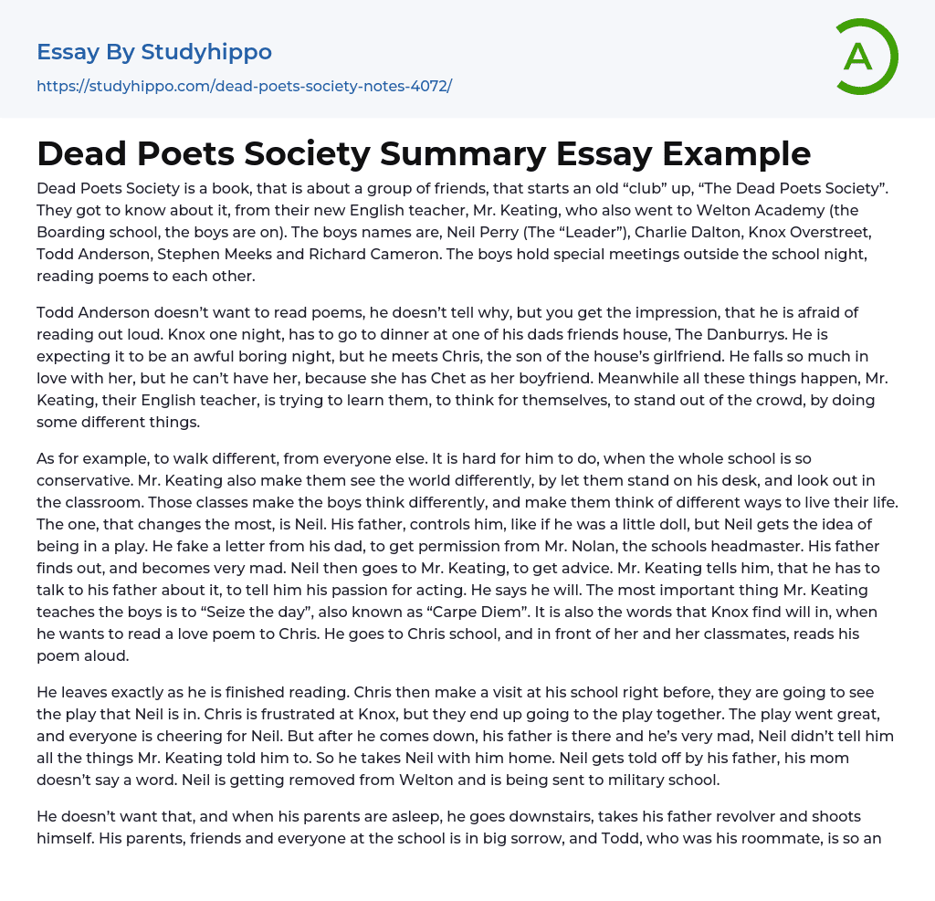 Dead Poets Society Summary Essay Example