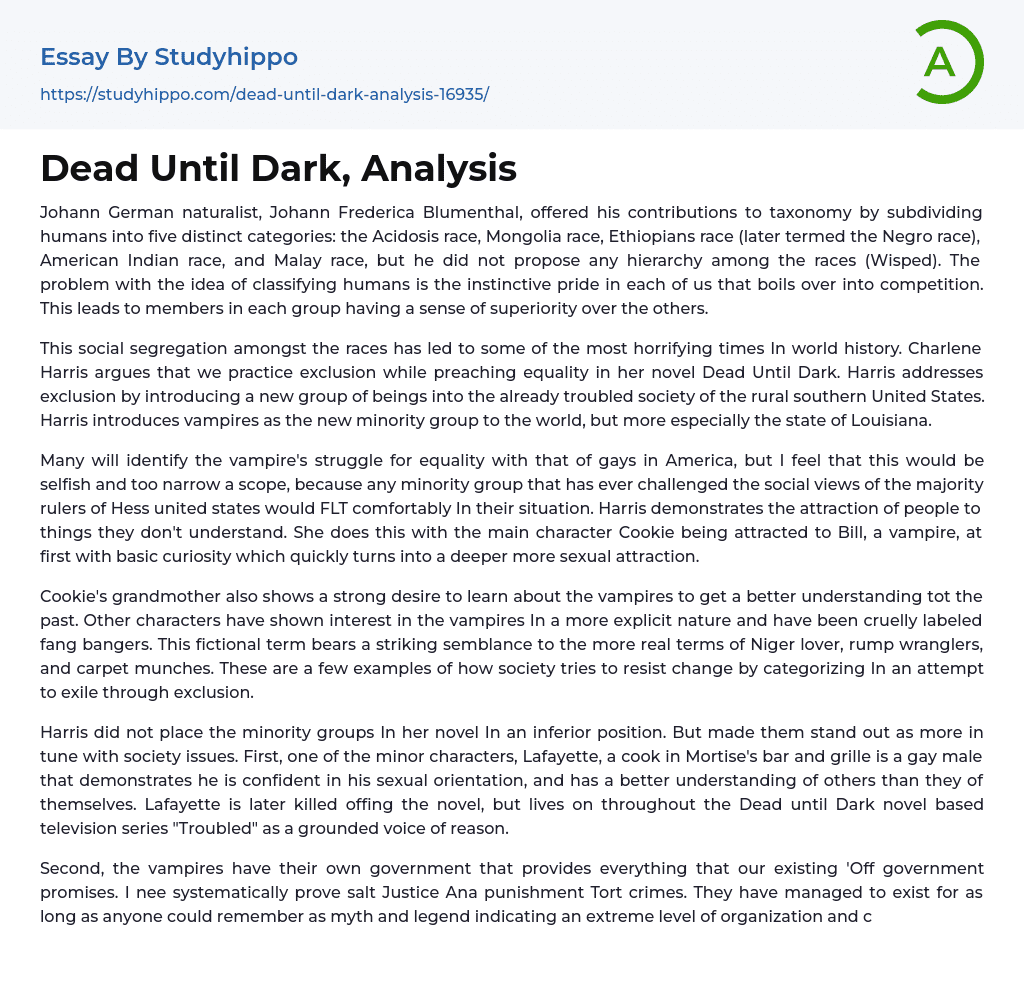 Dead Until Dark, Analysis Essay Example